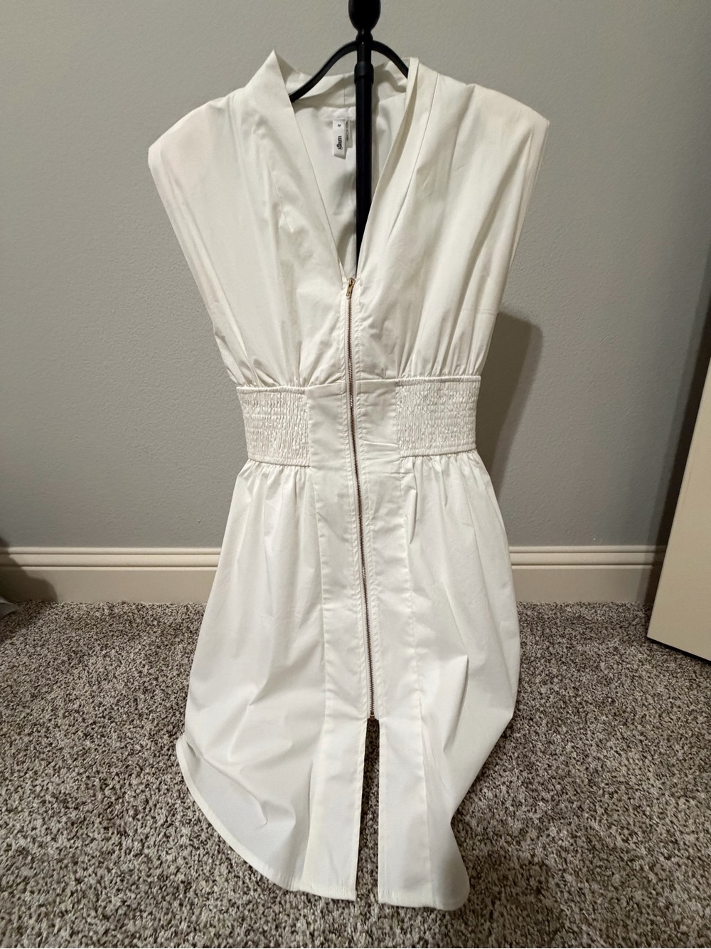 glam Cream Zip-Front Midi Dress with Shirred Waist
